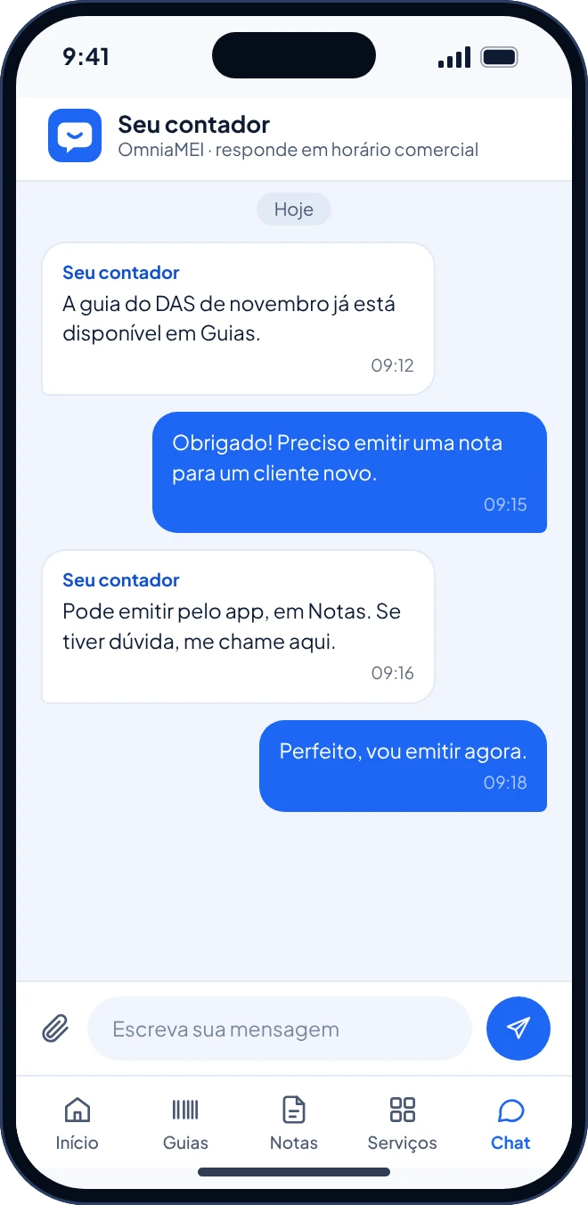 Tela de chat com o contador no App OmniaMEI