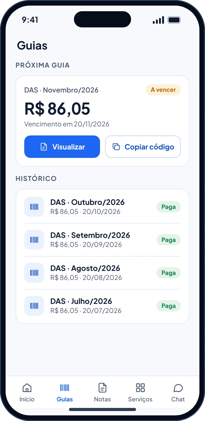 Tela de guias do App OmniaMEI, com o DAS do mês e o histórico de pagamentos