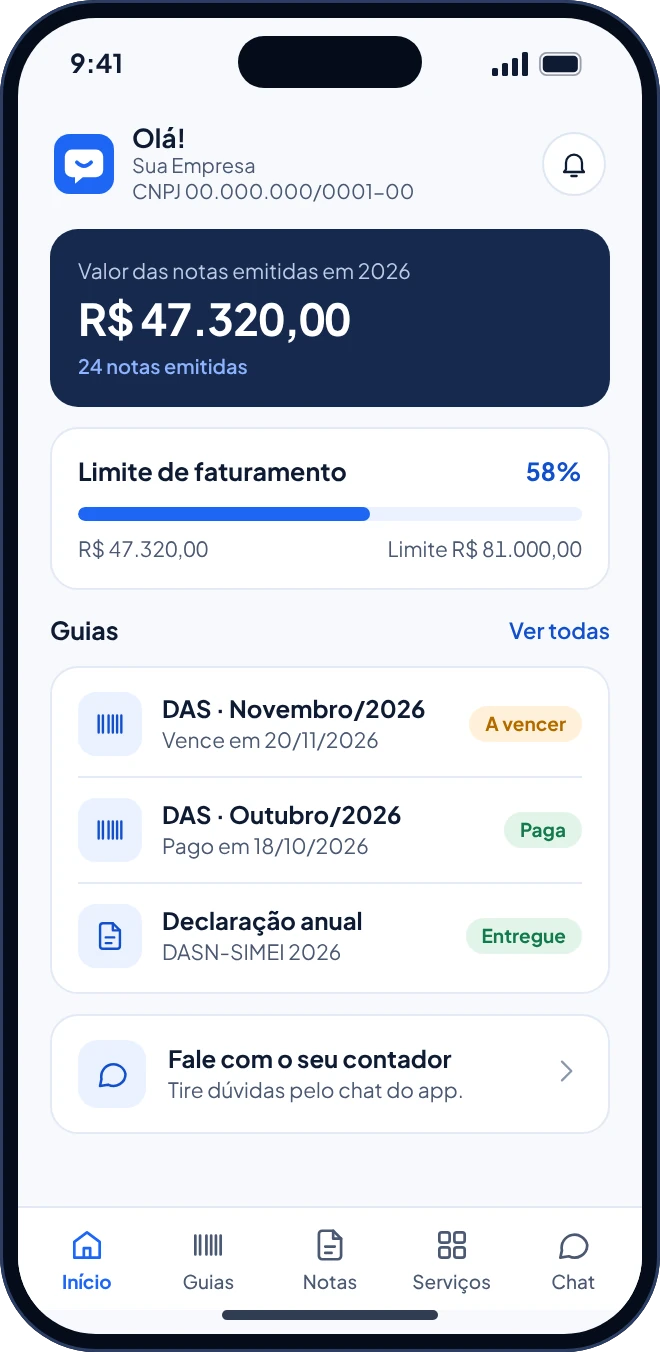 Tela inicial do App OmniaMEI, com limite de faturamento, guias e notas