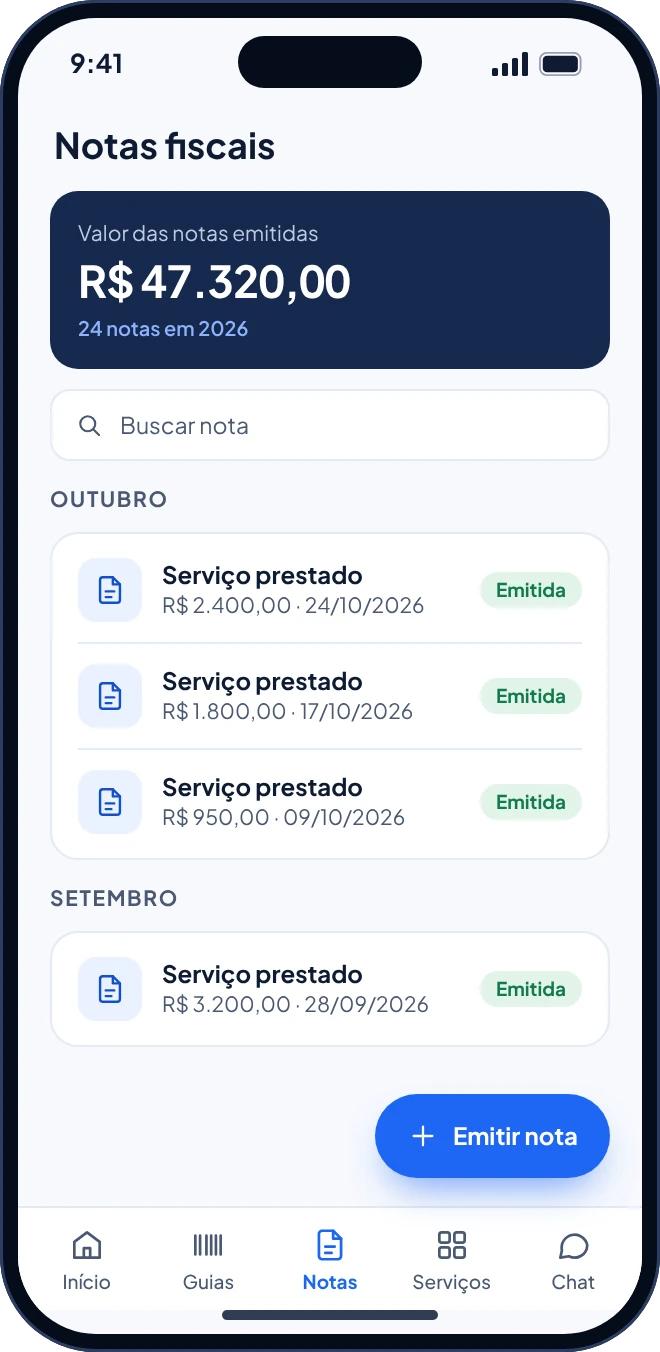 Tela de notas fiscais do App OmniaMEI, com botão para emitir nota