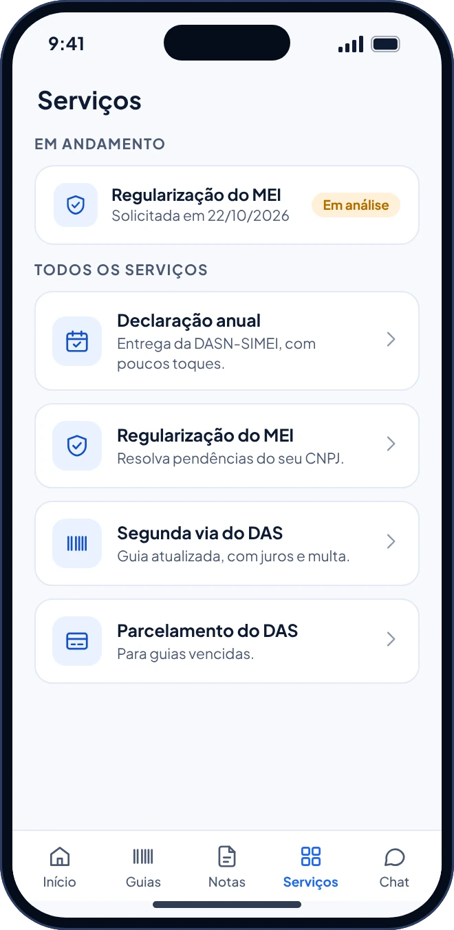 Tela de serviços do App OmniaMEI, com declaração anual e regularização do MEI